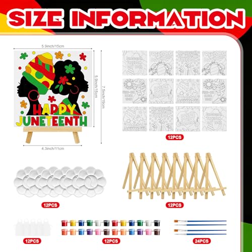 Cinrobiye 12 Pcs Juneteenth Canvas Craft Kit, DIY Pre Drawn Canvas Painting Activity Set with Easels Brushes and Aprons, Freedom Day Classroom Arts and Crafts Supplies for Group Event