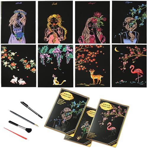 12sheets Scratch Art for Adults 7.9x5.5 inch Magic Paint by Scratch Kit Cards DIY Craft Gift with 6 Rainbow Scratch Paper Tools (Flower Language) - style: Flower Language