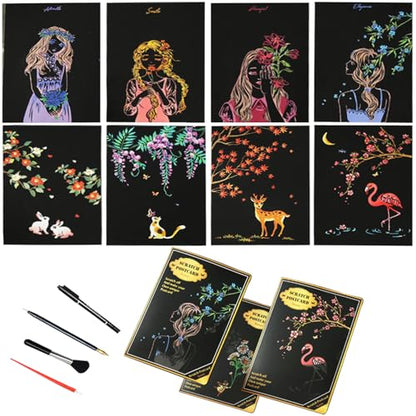 12sheets Scratch Art for Adults 7.9x5.5 inch Magic Paint by Scratch Kit Cards DIY Craft Gift with 6 Rainbow Scratch Paper Tools (Flower Language) - style: Flower Language