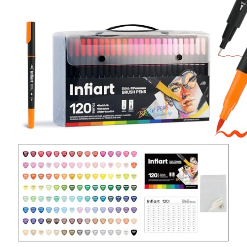 120 Colors Dual Tip Brush Pens, Water-Based Markers with Fine Tip and Brush Tip, Art Pens for Coloring Books, Calligraphy, Sketching, Journaling, Drawing for Adults Art Supplies and DIY Crafts - color: 120 Colors