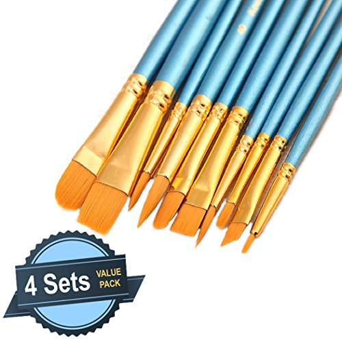 4 Sets of 10 Pieces Synthetic Hair Paint Brushes, Blue, for Acrylic, Oil and Watercolor Painting - size: 4 Sets