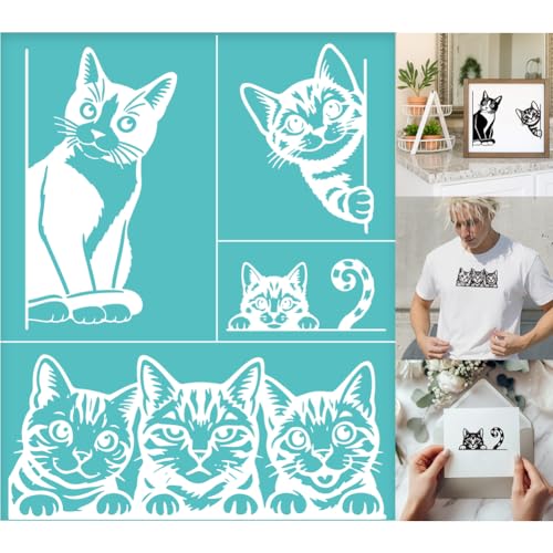 2 Sheets Cat Silk Screen Stencils, Interesting Cats Painting Stencils Templates Reusable Self-Adhesive Silk Screen Printing for Wall Border Wood Fabric Home Craft Decor - style: Interesting Cats