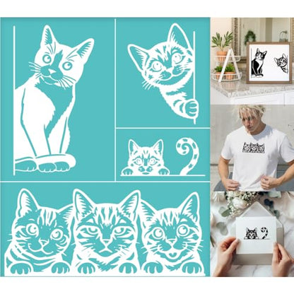 2 Sheets Cat Silk Screen Stencils, Interesting Cats Painting Stencils Templates Reusable Self-Adhesive Silk Screen Printing for Wall Border Wood Fabric Home Craft Decor - style: Interesting Cats