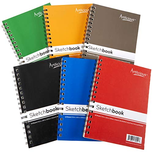 Artlicious Sketch Book 6 Pack - 5.5" x 8.5" - Small Spiral Sketch Books - Drawing Notebook - Sketchbook for Drawing Art - 6 Pack 360 Sheets White Paper