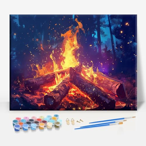 HUINORYA Campfire in The Forest Camping Framed Canvas DIY Paint by Numbers Kit Bar Cafe Cave Home Room Wall Bathroom Porch Patio Decor Gift, 16 x 12 Inch - color: CAMPFIRE IN THE FOREST