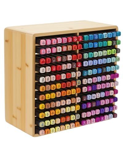 UCEC Bamboo Marker Organizer for 176 Markers, 11-Tier Desktop Marker Storage Rack with 22 Wide Compartments, Stackable Alcohol Pen Holder for Artists, Classroom, Studio Decor - size: 22 Compartments