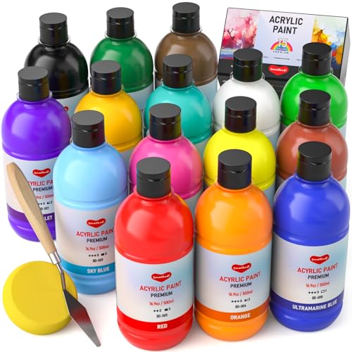 Smallbudi Bulk Acrylic Paint Set, 15 Colors 16.9oz (500ml) Large Non-Toxic Acrylic Paint Kit for Painting Party, Group & Large-Scale Art, Multi-Surface on Canvas, Wood, Furniture, Fabric, Rock, with Color Wheel, for Kids, Artists & Beginners - color: 15 C