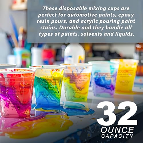 Custom Shop Paint Mixing Cups, 32-Ounce (12 Pack) - Plastic Measuring Cups for Liquids, Automotive Painting, Epoxy Resin, Acrylic Arts, Crafts, Disposable or Reusable, Graduated, Mixing Ratios - style: 12 Cups