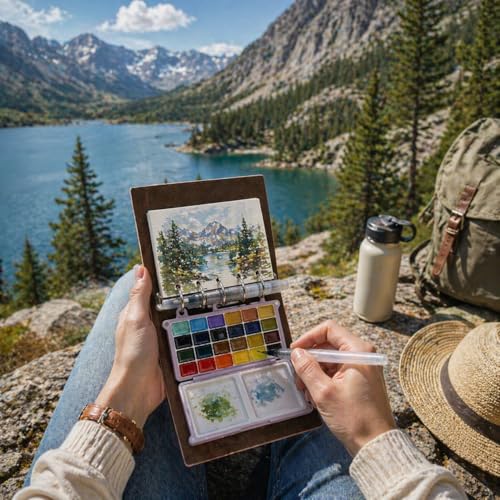 DarkWish Premium Mini Travel Watercolor Sketchbook Set - 24 Colors & Water Brush, PU Leather Urban Sketching Pocket Art Pad with 300gsm Black/White Paper, Plein Air Gift for Adults (Pink) - color: Pink