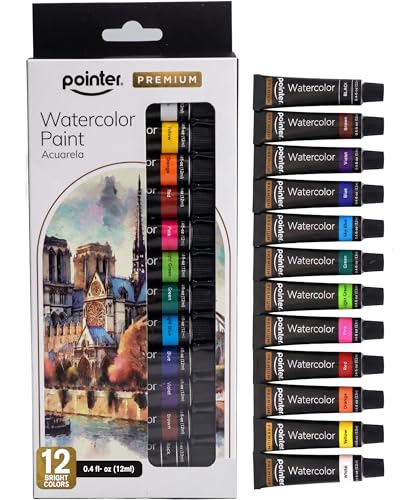 Pointer Premium Watercolor Palette Paint Set – Artist Quality, Ideal for Painting, Sketching, Coloring Craft Projects, School, and Everyday Creative Art Fun, 0.4 fl oz Tubes With 12 Vibrant Colors - size: 1 Fl Oz (Pack of 12)