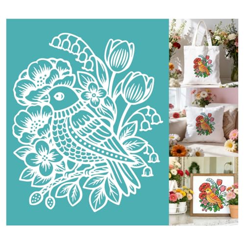 2 Pcs Flower Silk Screen Stencil, Bird Floral Self-Adhesive Reusable Silk Screen Printing Stencils Templates for Painting on Wood, T-Shirts, Bags, Home Decor & Festival Crafts - style: Bird with Flower