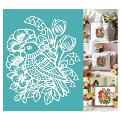 2 Pcs Flower Silk Screen Stencil, Bird Floral Self-Adhesive Reusable Silk Screen Printing Stencils Templates for Painting on Wood, T-Shirts, Bags, Home Decor & Festival Crafts - style: Bird with Flower