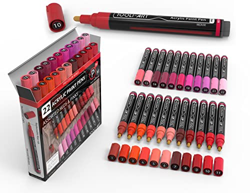 TOOLI-ART 22 Acrylic Paint Markers Paint Pens Pro Color Series Set 3mm Medium Tip for Rock Painting, Glass, Mugs, Wood, Metal, Glass Paint, Canvas, DIY. Non Toxic, Waterbased, Quick Drying (REDS) - color: REDS