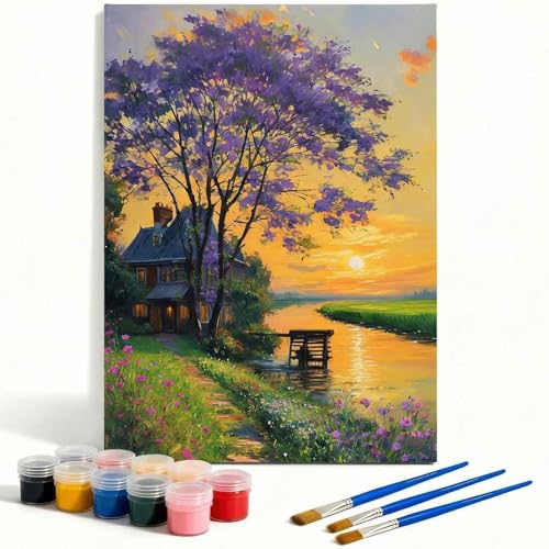 Amphol Paint by Numbers Kit for Adults Beginners - Sunset Cottage DIY Paint by Numbers Kit on Unframed 16"x20" Canvas, Landscape Oil Painting by Number for Wall Decor, Complete Acrylic Paint Set - color: Sunset Cottage