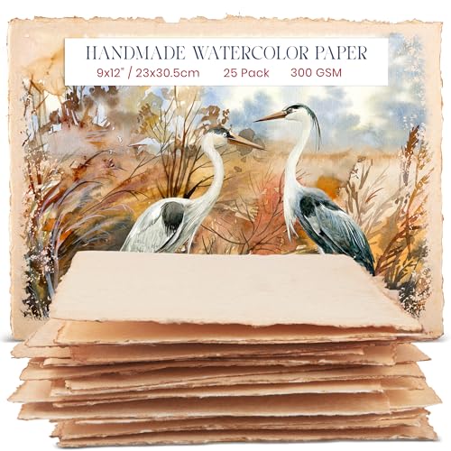 Wanderings Thick Handmade Vintage Watercolor Paper with Deckle Edge - 9" x 12" - 300GSM - Premium Antiqued Hot Press Smooth Mixed Media Paper Made with Recycled Cotton - 25 Loose Leaf Sheets - color: Vintage, size: 9x12" (23x30.5cm)