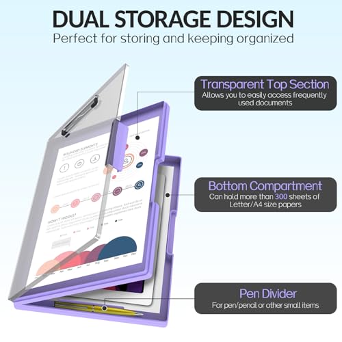 Sooez Clipboard with Storage, Heavy Duty Cleaview Clip Boards 8.5x11 with Dual Storage, Dry Erase Plastic Nursing Clipboard, High Capacity Clipboards Folder for Teacher Nurse, School & Office Supplies - color: Light Purple