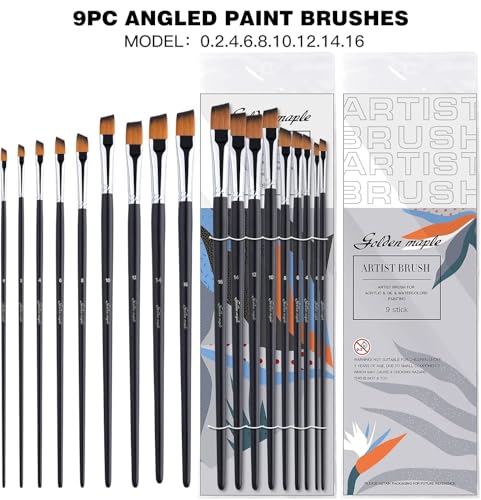 Golden Maple Angular Paint Brush, 9PC Oblique Tip Nylon Hair Long Handle Angled Paint Brushes Set Art Artist Professional Painting Supplies for Acrylic, Watercolor, Gouache and Oil Painting
