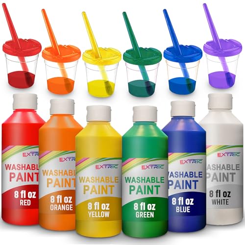 EXTRIC Washable Paint for Kids 6 PK x 8oz Bottles, Paint Cups & Brushes