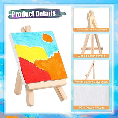 Fuutreo 200 Pcs 3 x 3 Inch Mini Canvas and Easel Set, 100 Mini Stretched Canvas with 100 Wooden Easels for Acrylic Pouring Oil Paint Water Color Painting - size: 3 x 3 Inch