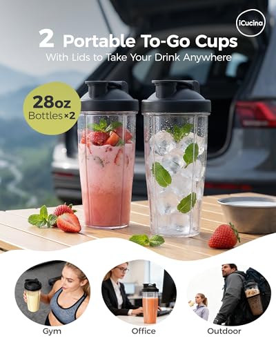 ICUCINA - 28 Oz Blender Cup Replacement with To-Go Lids, Cups for Protein Shakes, BPA Free Smoothie Cups (Pack of 2) - size: 28 Ounces
