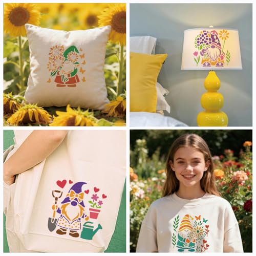 9 Sheets Flower Dwarf Elf Stencils for Painting, 9 Styles Gnomes Sunflower Wall Stencil Template Reusable Garden Gnome Stencils for Painting on Wall Wood Home Decor - style: Flower Elf