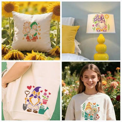 9 Sheets Flower Dwarf Elf Stencils for Painting, 9 Styles Gnomes Sunflower Wall Stencil Template Reusable Garden Gnome Stencils for Painting on Wall Wood Home Decor - style: Flower Elf