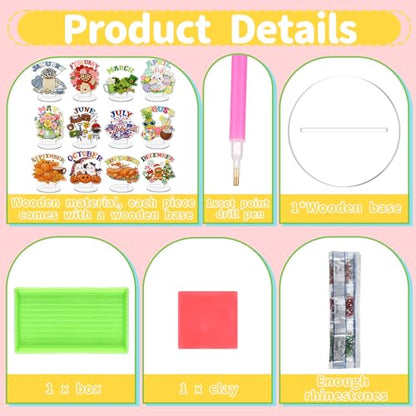 YooNotee 12 Sets Interchangeable Seasonal Diamond Art Tabletop Decorations Holiday Diamond Art Painting Kit with 12 Acrylic Base for Table Tiered Tray Decor Craft Graduation Centerpiece (Calendar) - style: Calendar