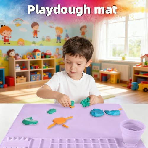 Silicone Painting Mat, 20"X16" Craft Mat,Large Art Mat with Built in Cup and Paintbrush Holder, Nonslip Clay Mats, Color Dividers Silicone Mats for Painting, Table, Resin and DIY Purple - color: Purple