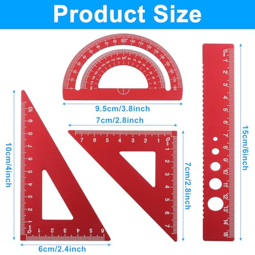4 Pcs Triangular Ruler Set, Aluminum Alloy Geometry Tools, Metal Drafting Ruler for Students, Draftsmen, Engineers, School Office Supplies with Protractor & Metric Scales (Red) - color: Red