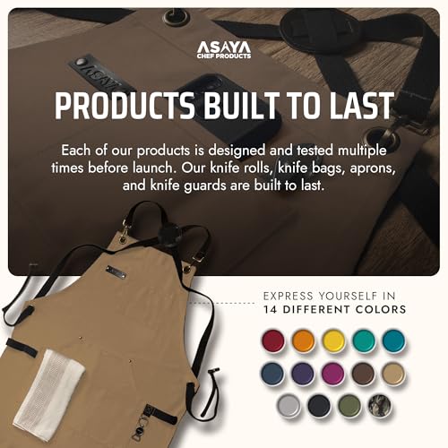 Asaya Chef and BBQ Apron with Bottle Opener and Hand Towel - 10oz Cotton Canvas, Stainless Steel Hardware - Cross Back Straps - color: Tan