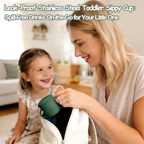 Mity rain Stainless Steel Sippy Cups for Toddlers1-3, Baby Straw Cups for 6+Month Old with Travel Lid, Silicone StrawReplacement Straw & Cleaning Brush-8oz Toddler Cups Spill Proof - color: olive drab