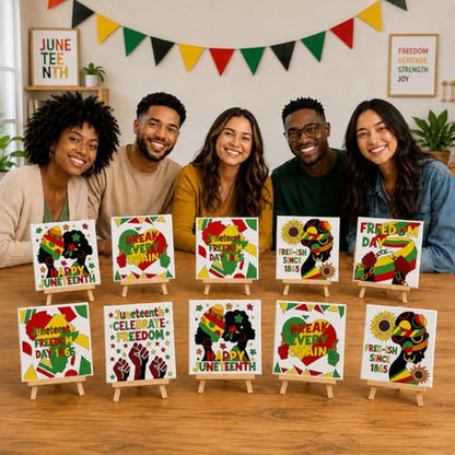 Cinrobiye 12 Pcs Juneteenth Canvas Craft Kit, DIY Pre Drawn Canvas Painting Activity Set with Easels Brushes and Aprons, Freedom Day Classroom Arts and Crafts Supplies for Group Event