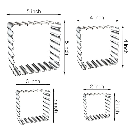 Scalloped Square Cookie Cutter Set - 5 Inch, 4 Inch, 3 Inch, 2 Inch - Fluted Edge Wavy Square Plaque Cookie Cutters Shapes Biscuit Molds - Stainless Steel - style: Square