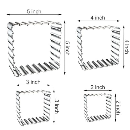 Scalloped Square Cookie Cutter Set - 5 Inch, 4 Inch, 3 Inch, 2 Inch - Fluted Edge Wavy Square Plaque Cookie Cutters Shapes Biscuit Molds - Stainless Steel - style: Square