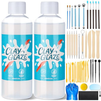 Lezmarket 200ml Air Dry Clay Glaze and 48 Pcs Clay Tools Kit, (Gloss) | Provide Gloss Finish, Protects Clay from Surface Wear, Used for Sculpting, Molding Clay Crafts