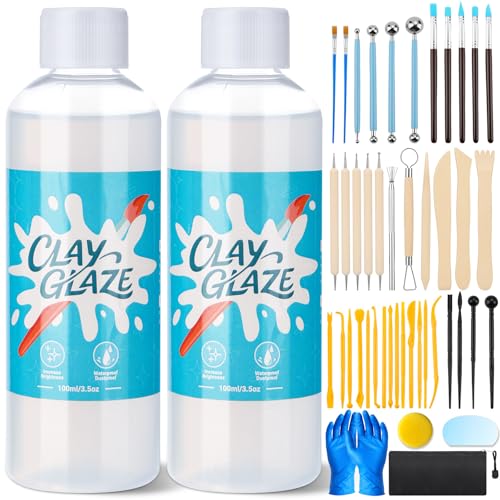 Lezmarket 200ml Air Dry Clay Glaze and 48 Pcs Clay Tools Kit, (Gloss) | Provide Gloss Finish, Protects Clay from Surface Wear, Used for Sculpting, Molding Clay Crafts