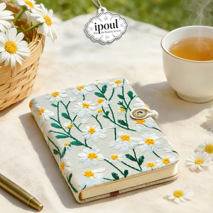 Pocket Journal, Small Notebook, A6 Sketchbook, 4x6 Notebook Unlined, Flower Embroidered Notebook, Blank, Hardcover, Lay Flat, Beautiful Journal, Daisy Gifts for Women, White Daisy - color: A6-button-white, style: Plain