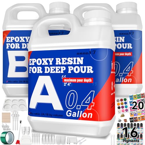 Deep Pour Epoxy Resin Kit 1.2 Gallon, 2-4 Inch 2:1 Clear Deep Pour Epoxy Resin Kit with 16 Pigments and 20 Mica Powders - Bubble Free Crystal Clear for River Table, Art Crafts, Flowers, Wood, DIY - size: 1.2Gallon