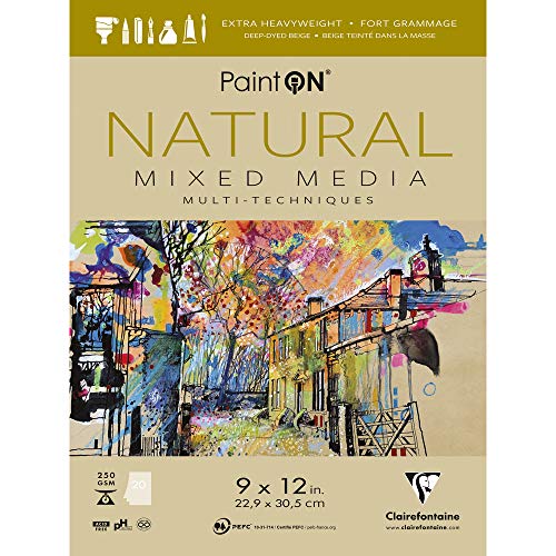 Clairefontaine - Ref 975485C - Paint'ON Mixed Media Natural Glued Pad (20 Sheets) - 22.9 x 30.5cm (9 x 12in), 250gsm Heavyweight Paper, Acid Free (USA Version) - color: Natural, size: 9-x-12-Inch