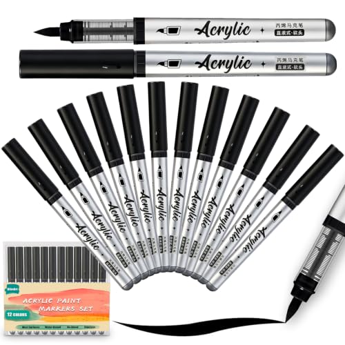 Black Acrylic Paint Markers Pens 12 Pcs Creative Marker Set with Soft Brush Tip Blendable, Water-Based Formula for Paper, Wood, Ceramic, Glass, Rock, Canvas, Metal (12 Black) - color: Black