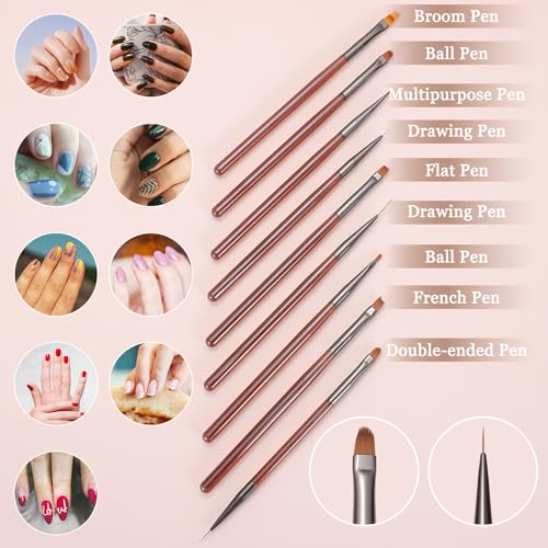 9Pcs Nail Art Brush Set, Builder Painting Design Detail Drawing Brushes Dotting Pen Double-Ended French Liner For Gel Polish Manicure Tools Acrylic Home DIY Salon Use Women, Brown - color: Brown