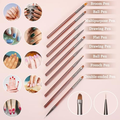 9Pcs Nail Art Brush Set, Builder Painting Design Detail Drawing Brushes Dotting Pen Double-Ended French Liner For Gel Polish Manicure Tools Acrylic Home DIY Salon Use Women, Brown - color: Brown