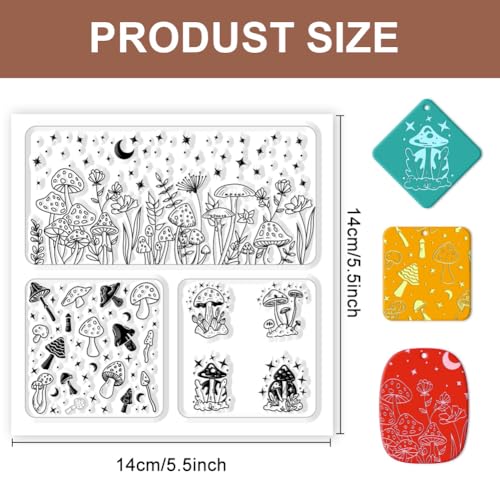 CHGCRAFT Polymer Clay Texture Sheet Mushrooms Silicone Texture Stamp Stars Flowers Clay Texture Mat Modeling Pattern Pad Polymer Clay Tools for Jewelry Earring Making DIY Craft, 5.5x5.5inch - style: Mushroom