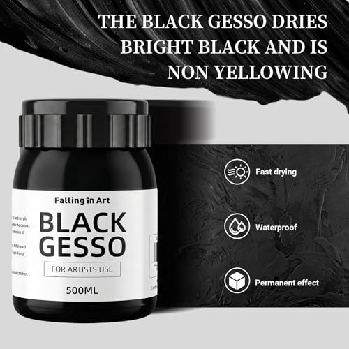 Falling in Art Black Gesso Primer for Acrylic Painting, 16.9Oz Non-Toxic Canvas Primer Gesso Surface Prep Medium - color: Black