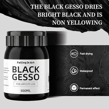 Falling in Art Black Gesso Primer for Acrylic Painting, 16.9Oz Non-Toxic Canvas Primer Gesso Surface Prep Medium - color: Black