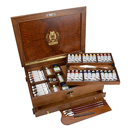 Schmincke - MUSSINI® finest resin oil colors Premium box oil painting, 36 x 35 ml set, 70 151 097, fine wood chest, 5 painting materials, painting knife, drawing charcoal, 3 daVinci brushes, etc. - size: 36 x 1.18 Fl Oz + accessories