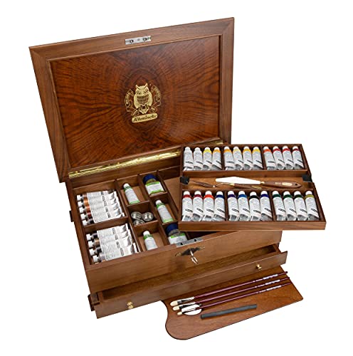 Schmincke - MUSSINI® finest resin oil colors Premium box oil painting, 36 x 35 ml set, 70 151 097, fine wood chest, 5 painting materials, painting knife, drawing charcoal, 3 daVinci brushes, etc. - size: 36 x 1.18 Fl Oz + accessories