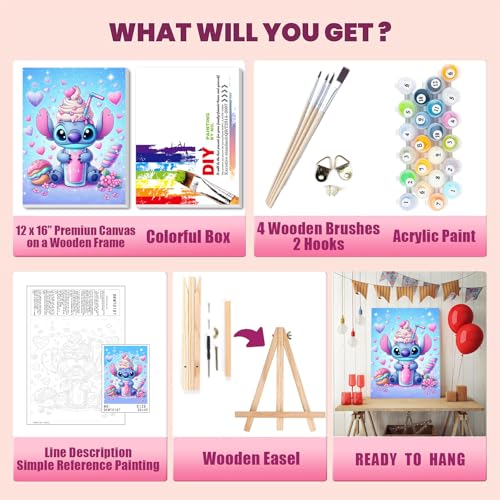 Cartoon Paint by Numbers Kit for Kids with Framed Canvas - with Wooden Easel, Easy Kids Paint by Number Kits Age 8-12, DIY Acrylic Oil Painting Kits with 4 Wooden Brushes Nice Gift Box (12x16 inch) - color: DKMT0187