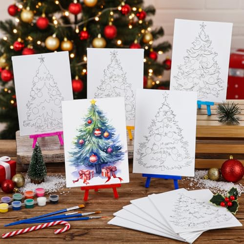 Blosssound 10 Set Pre Printed Canvas Pre Drawn Canvas Painting with Easel Kits 5" x 7" Outline Painting Panels for Beginners, DIY Craft Project, Party Favor, Home Decors (Christmas Tree) - style: Christmas Tree