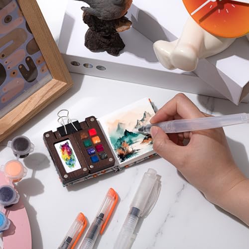 Qilery Mini Portable Watercolor Palette Set Wooden Grid Paint Box Watercolor Paper Sketch Book Brush Pens with Binder Clip for Painters Artist Not Include Paint(Blue Flowers) - style: Blue Flowers